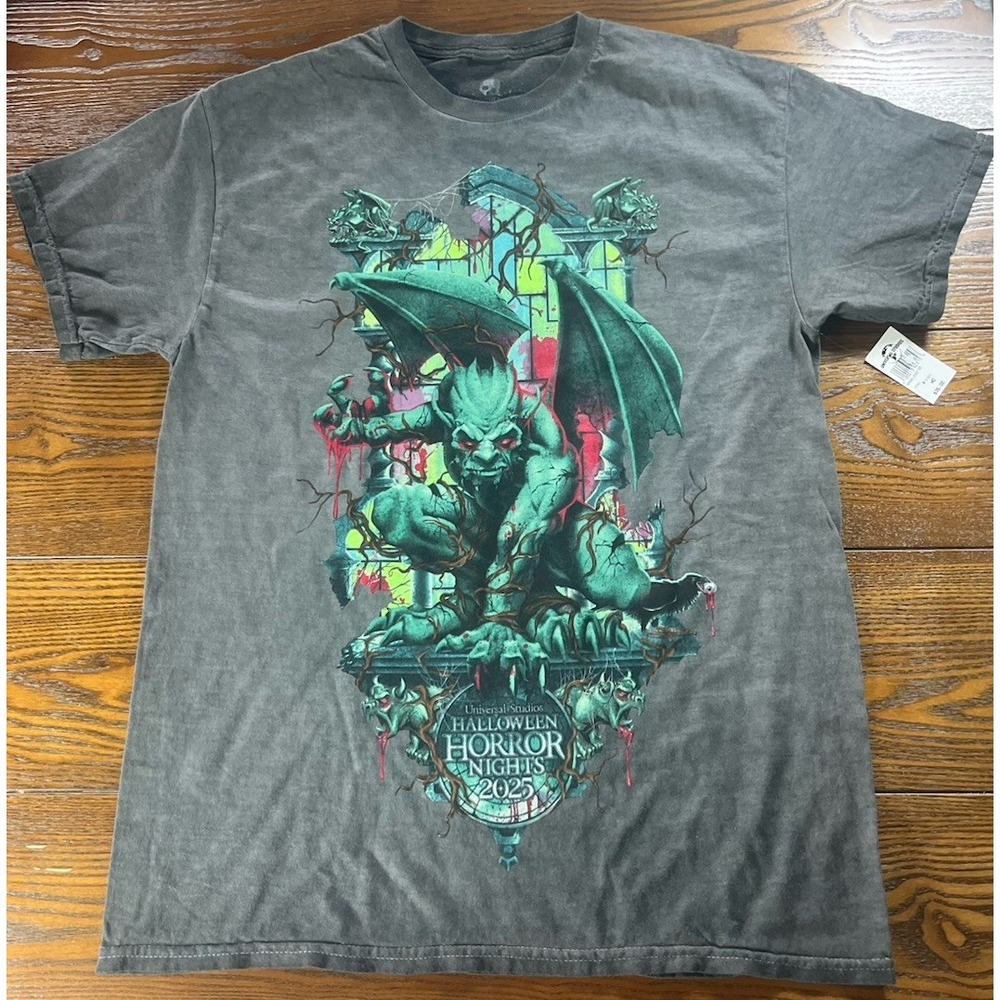 Universal Halloween Horror Nights HHN 2025 Gargoyle Logo Coal T-Shirt NWT Medium
